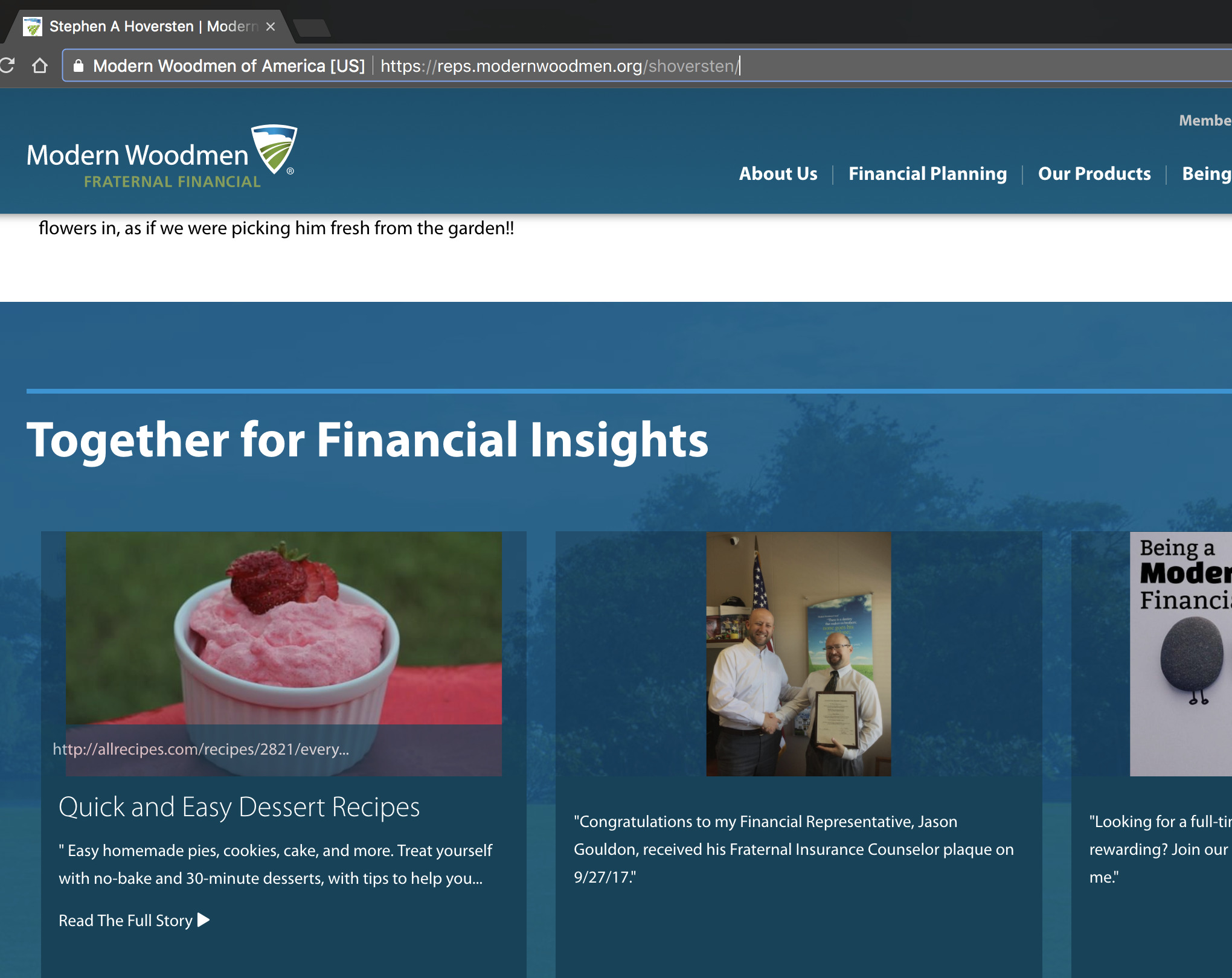 Screenshot of the news posted to Stephen Hoversten's homepage on the Modern Woodmen of America website
